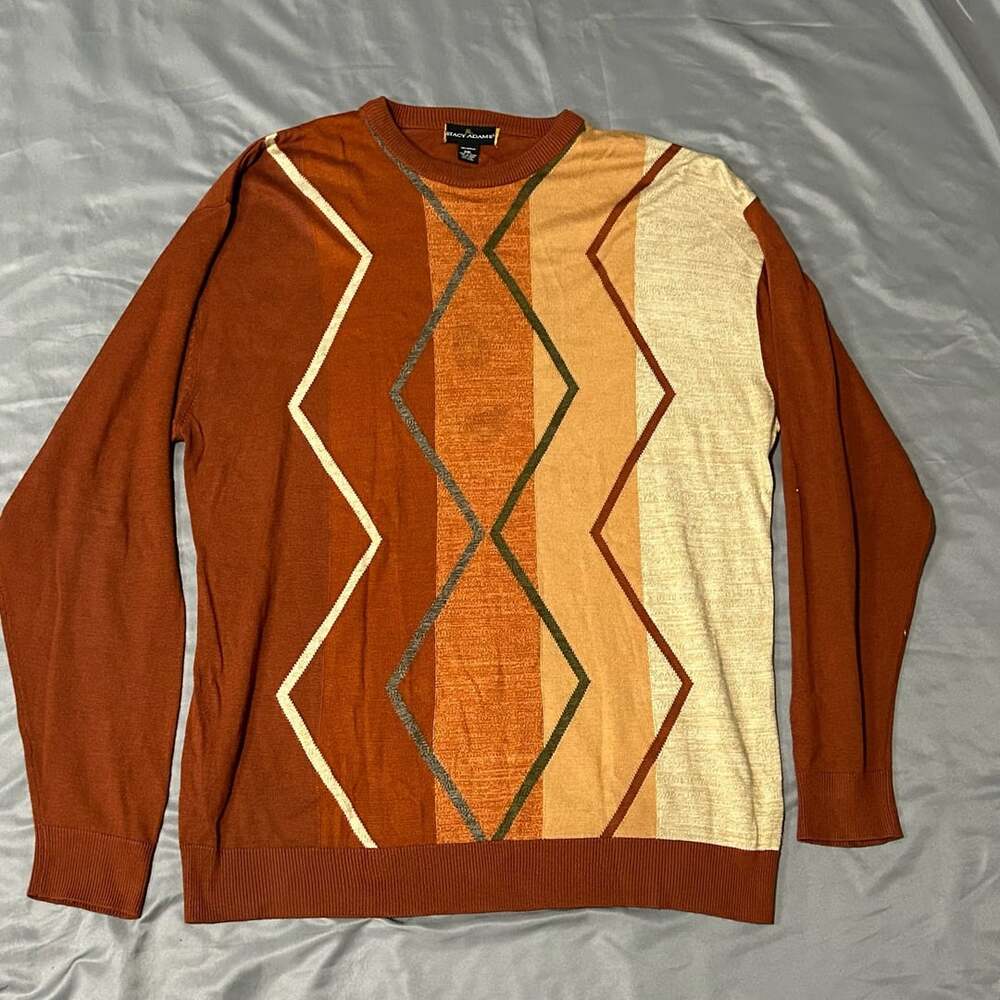 Stacy Adams Sweater Size 3XL Geometric Pattern Orange Knit Crew Neck